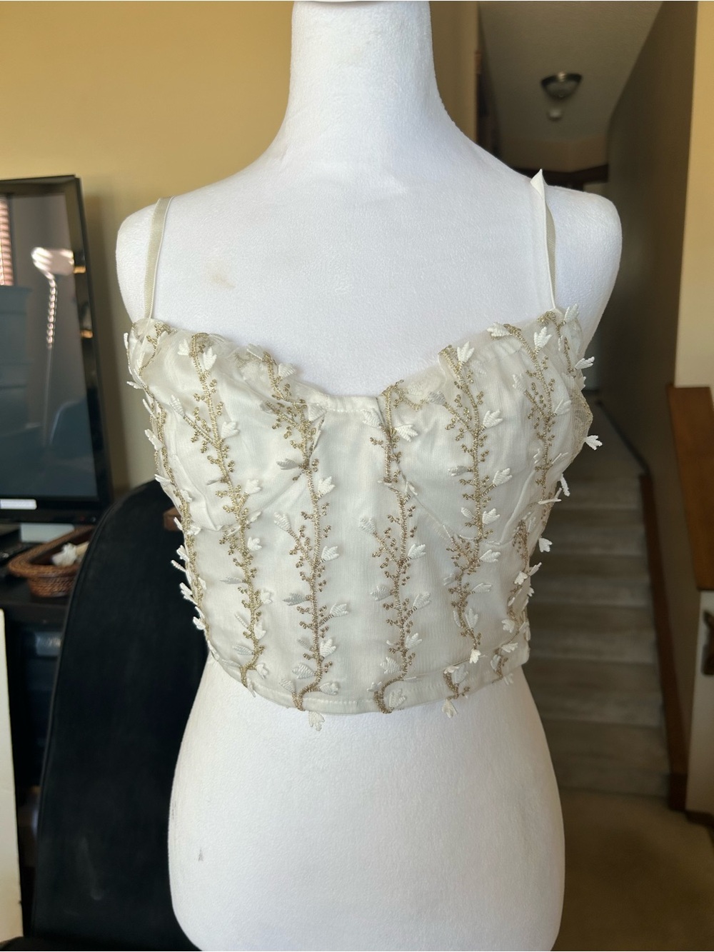 SHEIN White/ Gold 3D Floral Bustier/crop  Top with Leaf and flower Embroidery
